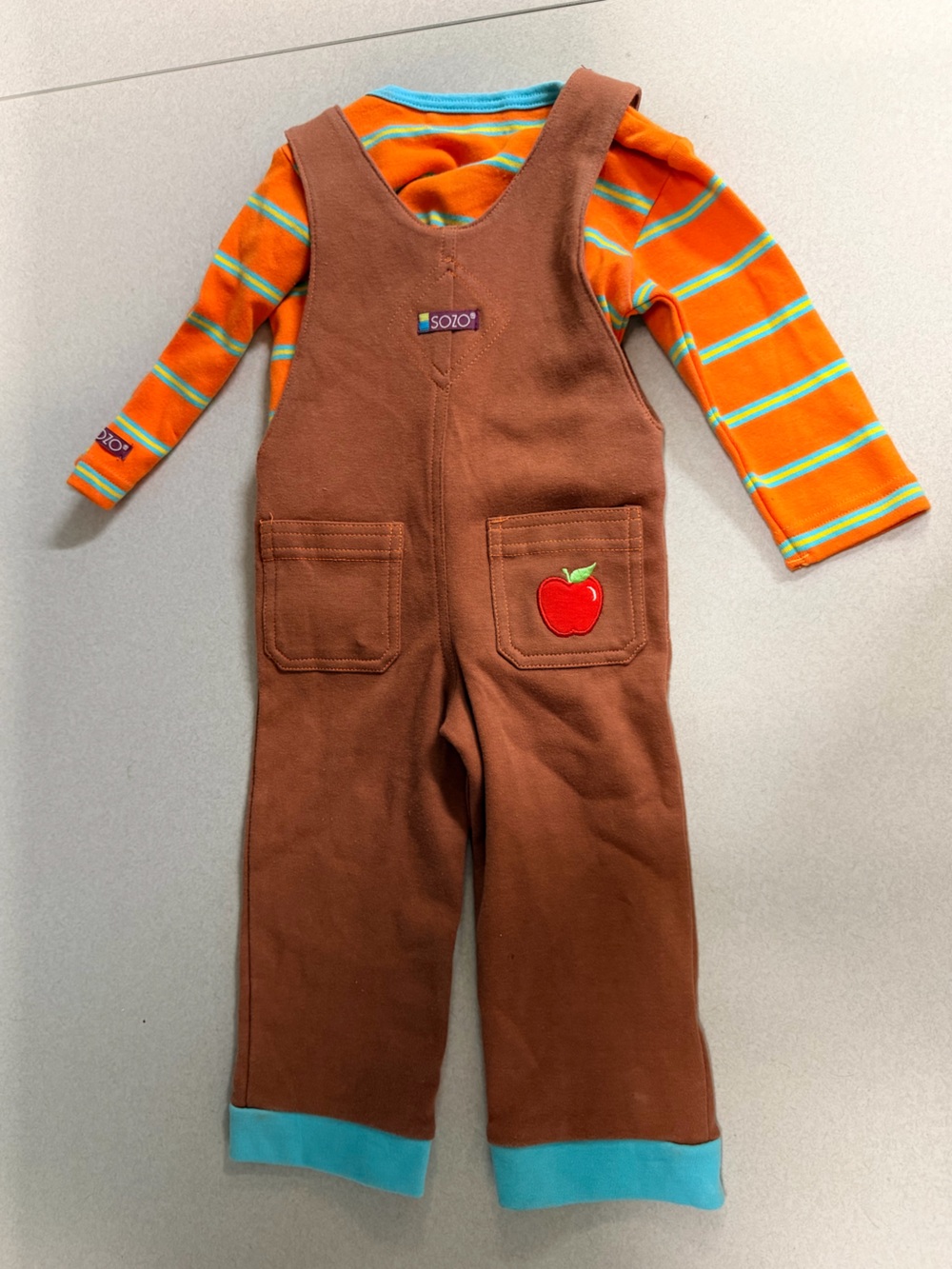 Kids Brown Horse Applique Overalls with Orange Stripe Shirt - Picture 4 of 7